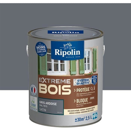 Peinture pour Bois -Intérieur/Extérieur - RIPOLIN - Ultra-couvrante - Résiste aux Intempéries, UV,Chocs -Satin - Gris Ardoise -