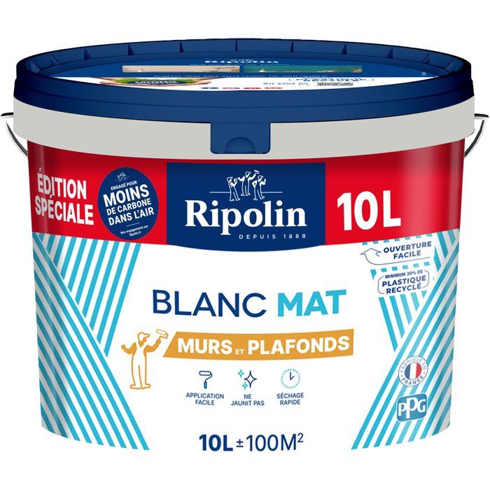 Peinture murs et plafonds - Blanc - Mat - RIPOLIN - 10 L - Edition spéciale bi-couche