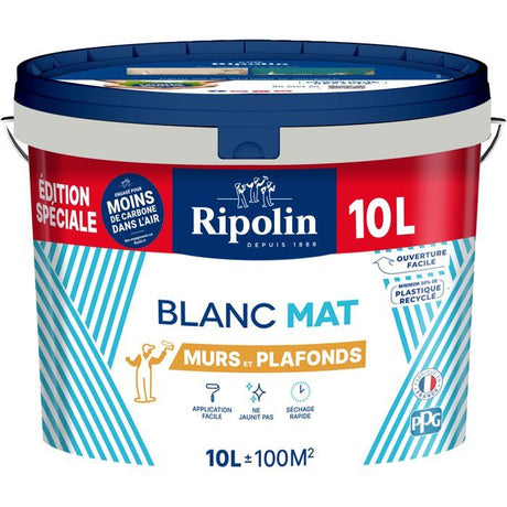 Peinture murs et plafonds - Blanc - Mat - RIPOLIN - 10 L - Edition spéciale bi-couche