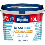 Peinture murs et plafonds - Blanc - Mat - RIPOLIN - 10 L - Edition spéciale bi-couche