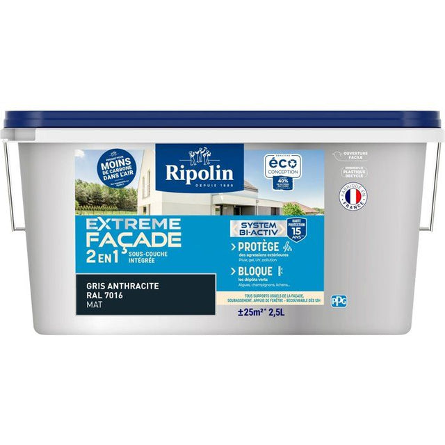 Peinture extreme façade 2 en 1 - Gris Anthracite - Mat - Ripolin - 2,5L