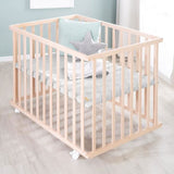 Parc bébé - ROBA - 75 x 100 cm - Tapis de parc 'Roba Style' gris inclus - Roulettes - Bois naturel