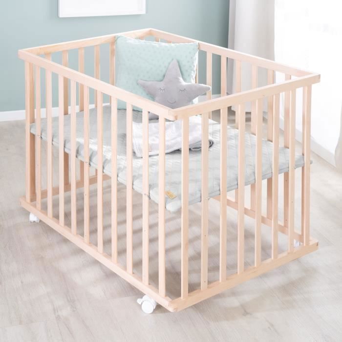 Parc bébé - ROBA - 75 x 100 cm - Tapis de parc 'Roba Style' gris inclus - Roulettes - Bois naturel