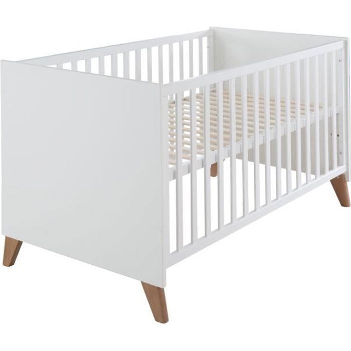 Lit bébé évolutif en lit junior - 70 x 140 cm - ROBA - OLE - Blanc / Pieds chene massif