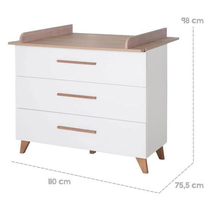 Commode a langer - ROBA - OLE - 3 tiroirs - Chene foncé / blanc