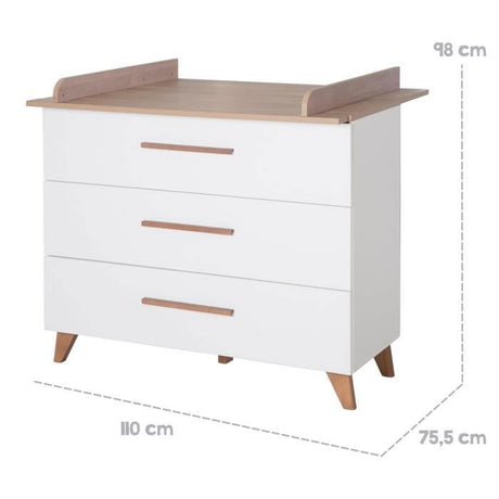 Chambre bébé complete : Lit évolutif 70 x 140 cm + commode a langer + armoire 3 portes - OLE - ROBA - Chene foncé / Blanc