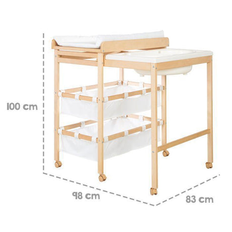 Table a langer extensible avec baignoire - ROBA - BABY POOL - Matelas a langer 'Roba Style' blanc inclus - Bois naturel