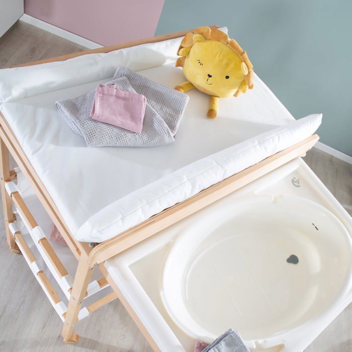 Table a langer extensible avec baignoire - ROBA - BABY POOL - Matelas a langer 'Roba Style' blanc inclus - Bois naturel