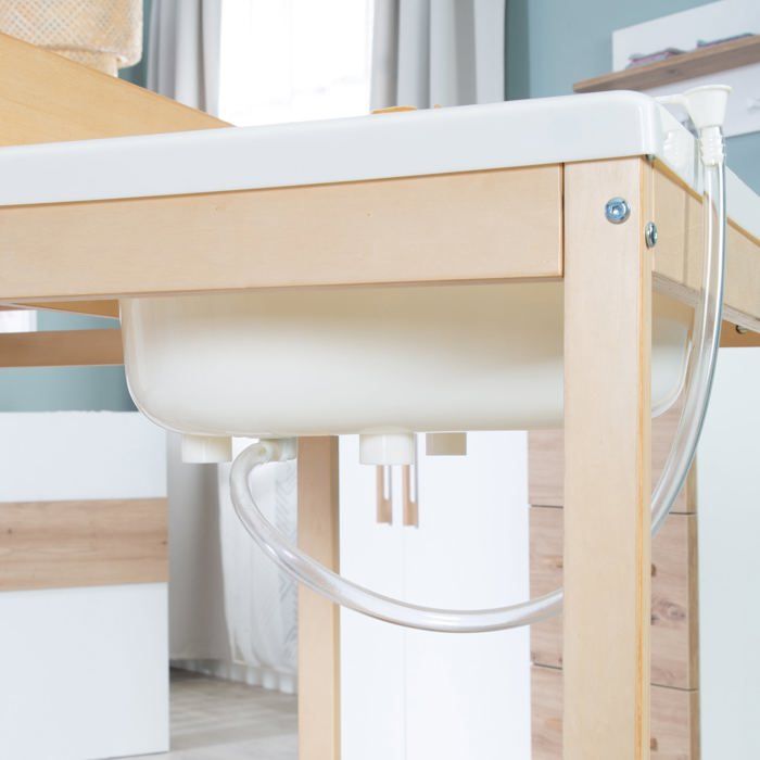 Table a langer extensible avec baignoire - ROBA - BABY POOL - Matelas a langer 'Roba Style' blanc inclus - Bois naturel