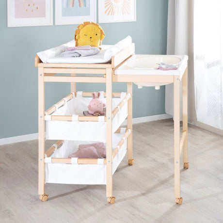 Table a langer extensible avec baignoire - ROBA - BABY POOL - Matelas a langer 'Roba Style' blanc inclus - Bois naturel