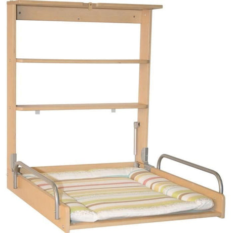Table a langer murale rabattable - ROBA - DSCHUNGELBABY - Matelas rayé multicolore inclus - 2 Étageres intégrées - Bois Naturel