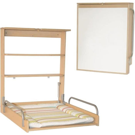 Table a langer murale rabattable - ROBA - DSCHUNGELBABY - Matelas rayé multicolore inclus - 2 Étageres intégrées - Bois Naturel
