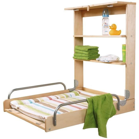 Table a langer murale rabattable - ROBA - DSCHUNGELBABY - Matelas rayé multicolore inclus - 2 Étageres intégrées - Bois Naturel