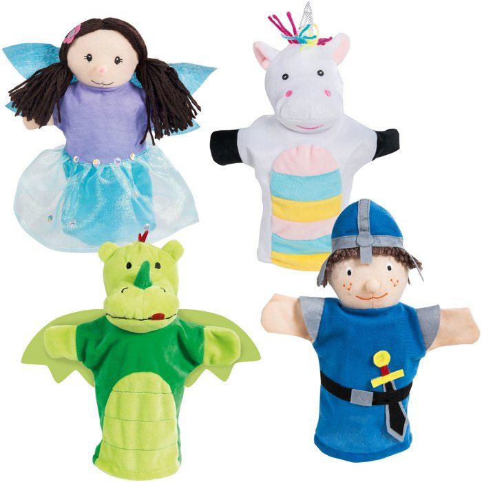 Set de 4 marionnettes a main - ROBA - Fée enchanteresse, Licorne en peluche, Dragon et Fier chevalier - Vert / Bleu / Turquoise