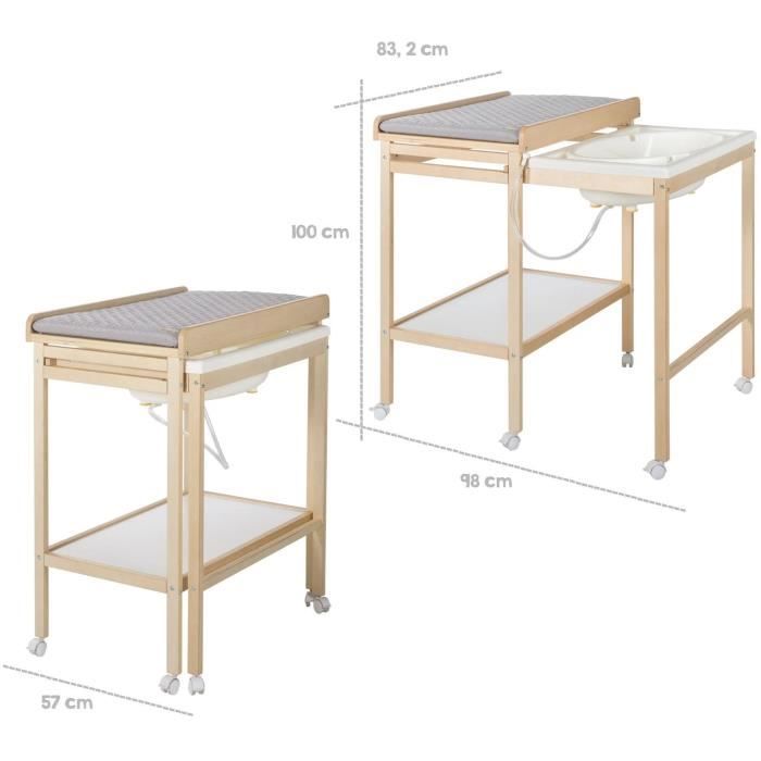 Table a langer avec baignoire coulissante - ROBA - Inclus matelas depérlant Roba style Gris - Tablette de rangement - Bois Naturel