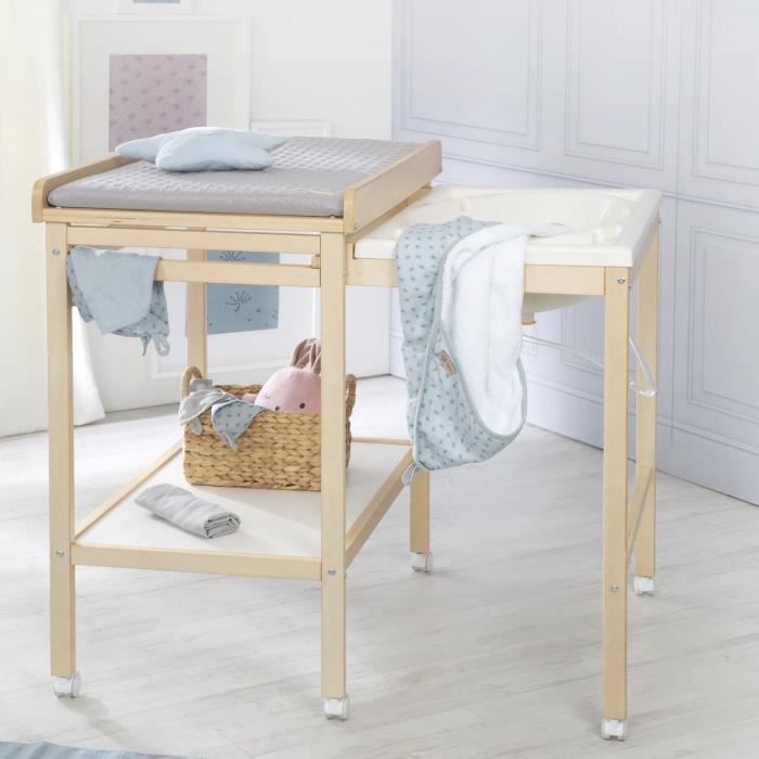 Table a langer avec baignoire coulissante - ROBA - Inclus matelas depérlant Roba style Gris - Tablette de rangement - Bois Naturel