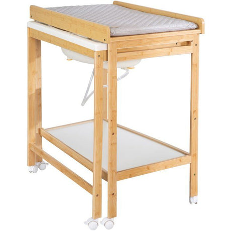 Table a langer avec baignoire coulissante - ROBA - Inclus matelas déperlant Roba style Gris - Tablette de rangement - Bambou naturel