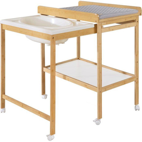 Table a langer avec baignoire coulissante - ROBA - Inclus matelas déperlant Roba style Gris - Tablette de rangement - Bambou naturel