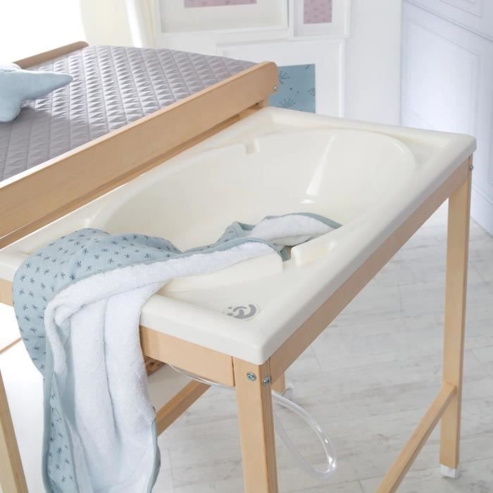 Table a langer avec baignoire coulissante - ROBA - Inclus matelas depérlant Roba style Gris - Tablette de rangement - Bois Naturel