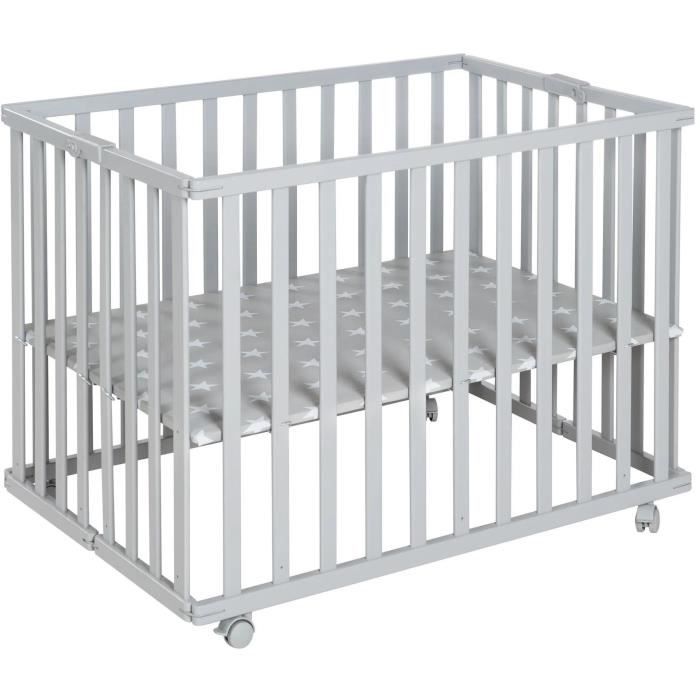 Parc bébé pliable - ROBA - LITTLE STARS  - 75 x 100 cm - Hauteur réglable - 4 Roues freinées - Bois Laqué Gris Taupe - Motif Étoile