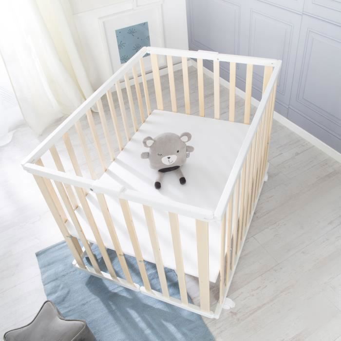 Parc bébé pliant - ROBA - 75 x 100 cm - Réglable en hauteur - Roulettes - Bois / Blanc