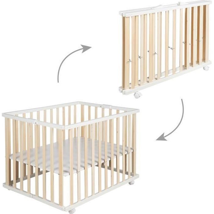 Parc bébé pliant - ROBA - 75 x 100 cm - Réglable en hauteur - Roulettes - Bois / Blanc