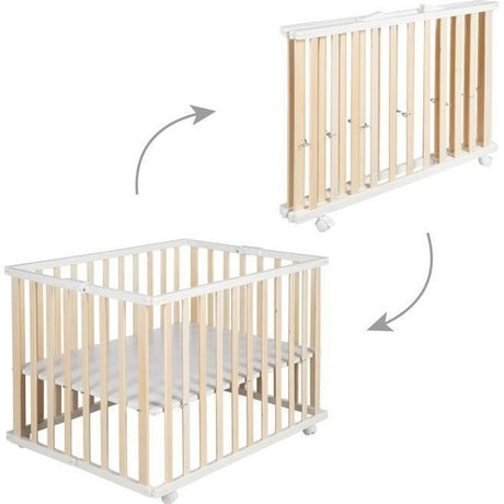 Parc bébé pliant - ROBA - 75 x 100 cm - Réglable en hauteur - Roulettes - Bois / Blanc