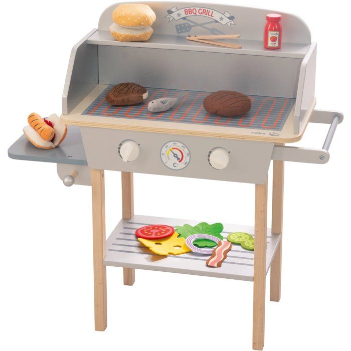 Cuisine barbecue pour enfant - ROBA - Bois massif - 14 accessoires - Gris / Naturel