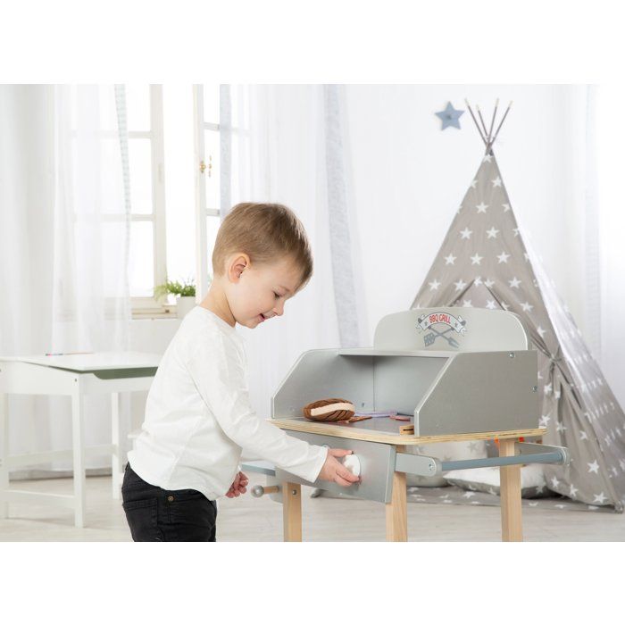 Cuisine barbecue pour enfant - ROBA - Bois massif - 14 accessoires - Gris / Naturel