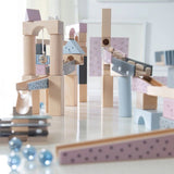 Circuit a billes en bois - ROBA - 20 billes en verre - 80 briques de construction - Naturel / Marine / Ciel / Rose