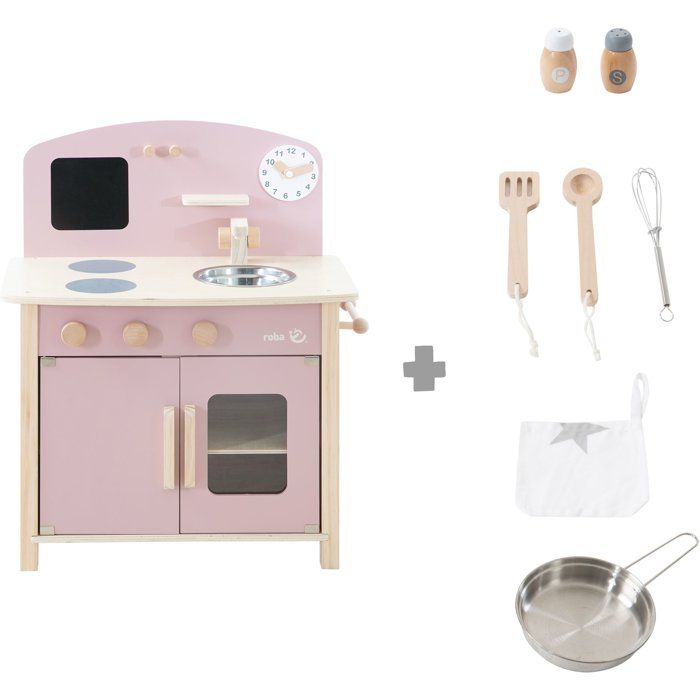 Cuisine en bois pour enfant - ROBA - Équipée avec accessoires - Rose / Naturel