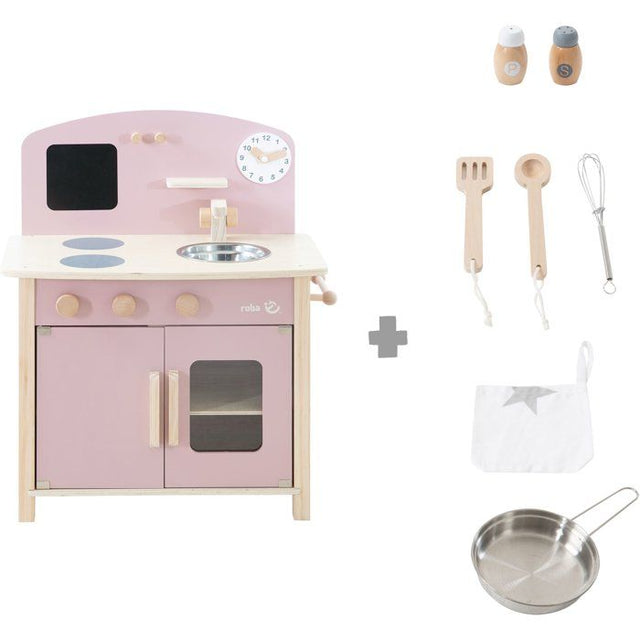 Cuisine en bois pour enfant - ROBA - Équipée avec accessoires - Rose / Naturel