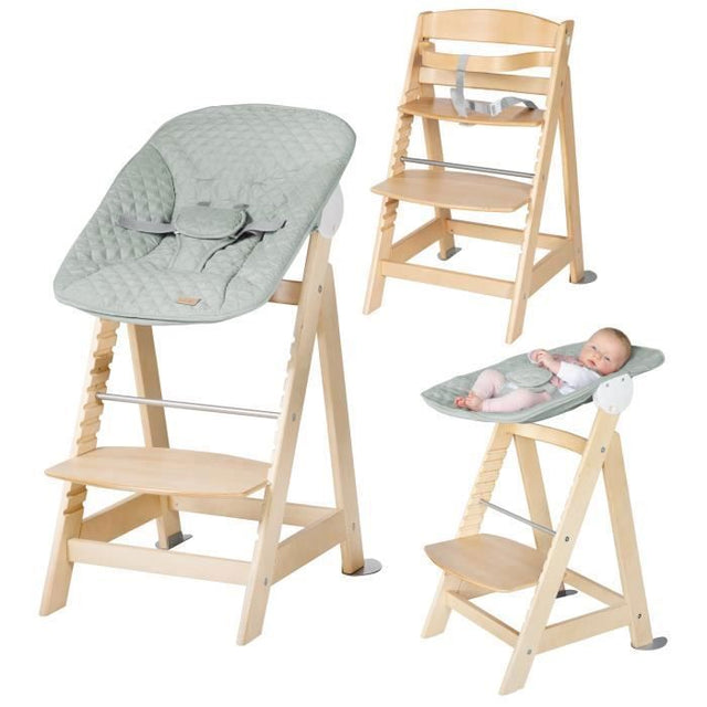 Chaise haute évolutive 2-en-1 - ROBA - BORN UP - Transat inclinable vert givré 'Roba Style' inclus - Bois naturel