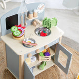 Cuisine enfant en bois - ROBA - Avec plaque de cuisson, four, évier, accessoires et horloge - Gris / Naturel