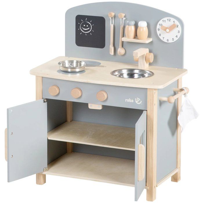 Cuisine enfant en bois - ROBA - Avec plaque de cuisson, four, évier, accessoires et horloge - Gris / Naturel