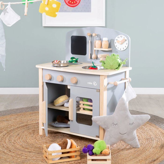 Cuisine enfant en bois - ROBA - Avec plaque de cuisson, four, évier, accessoires et horloge - Gris / Naturel