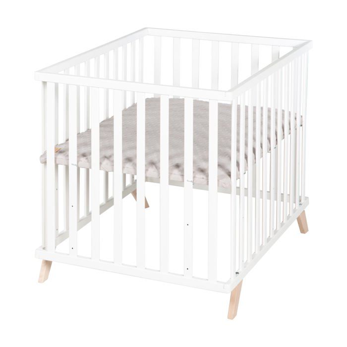 Parc bébé - ROBA - 75 x 100 cm - Tapis de parc 'Lil Planet' gris inclus - Bois laqué blanc