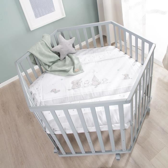 Parc bébé évolutif hegaxonal - ROBA - STERNENZAUBER - Housse rembourrée - Motif Éléphants - 6 Roues freinées - Bois Laqué Gris