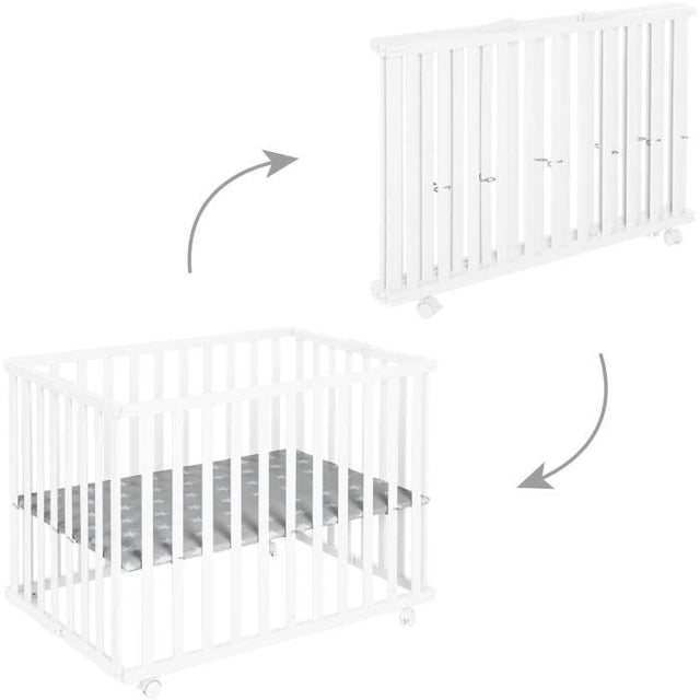 Parc bébé pliable - ROBA - LITTLE STARS - 75 x 100 cm - Réglable en hauteur - 4 Roues freinées - Bois Laqué Blanc - Motif Étoile