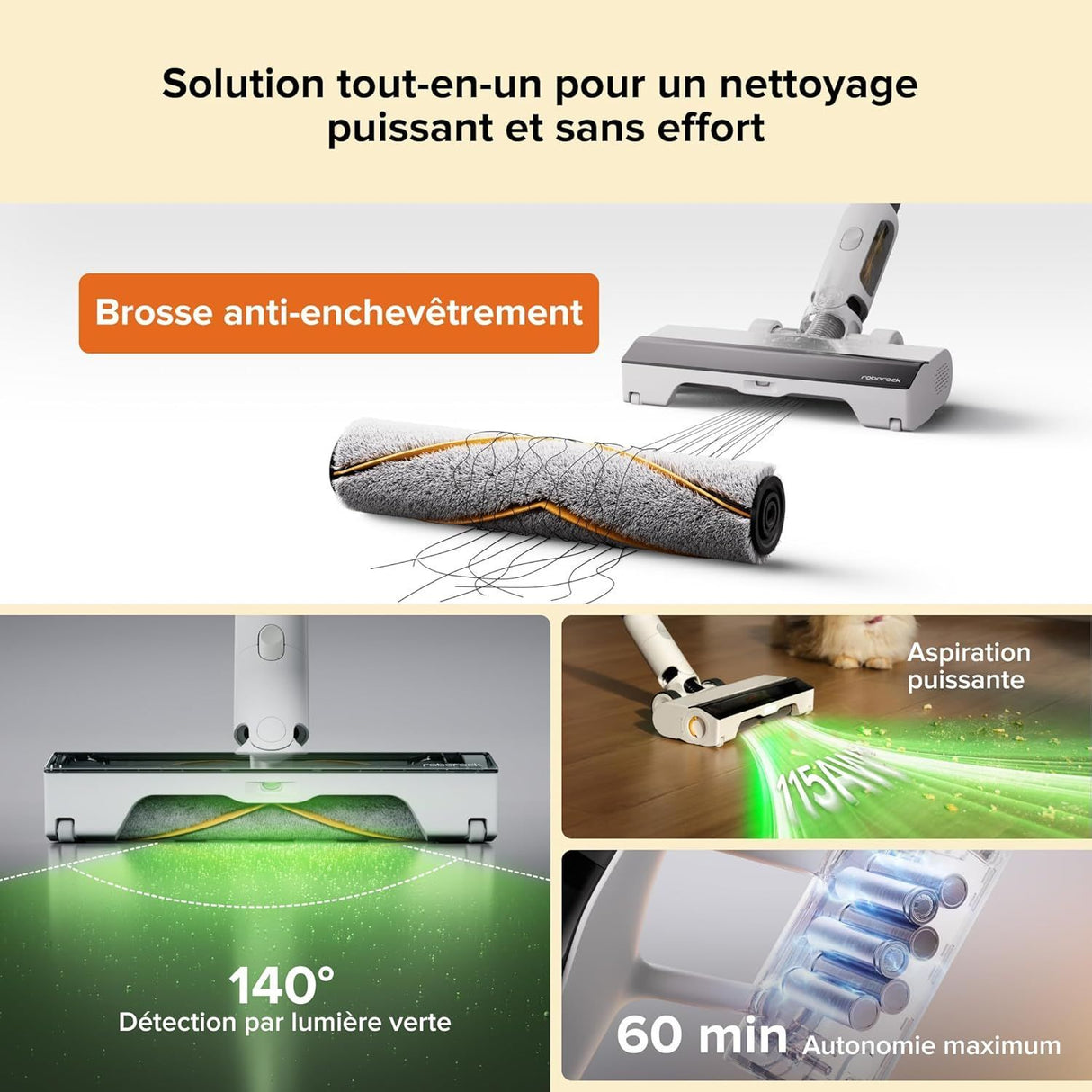 ROBOROCK H60 HUB - Aspirateur Balai sans Fil avec Station de Vidage Automatique - Batterie Amovible 60 Min - 115 AW