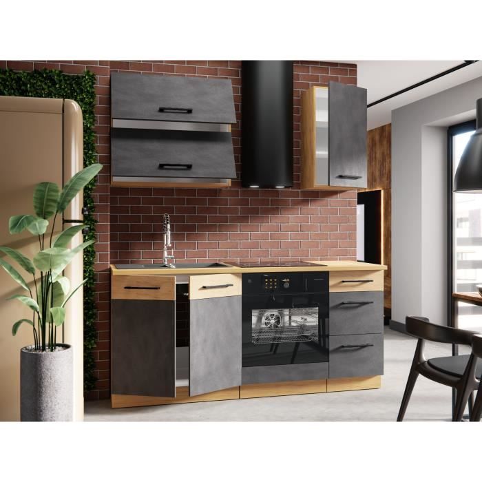 Cuisine complete ROCK L180 cm - 5 éléments + meuble four - Mélaminé décor chene lancelot et gris matera - Plan de travail non