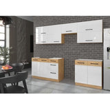 ROCK - Cuisine complete - Mélaminé chene Lancelot et Blanc brillant - 260 cm - Plan de travail non inclus