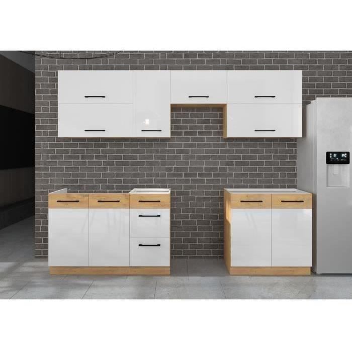 ROCK - Cuisine complete - Mélaminé chene Lancelot et Blanc brillant - 260 cm - Plan de travail non inclus