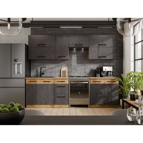 Cuisine complete ROCK 7 éléments - Décor chene lancelot et gris matera - L260 x P 52 x H82 cm - Plan de travail non inclus
