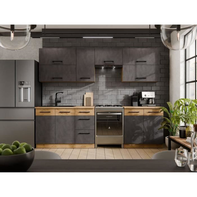 Cuisine complete ROCK 7 éléments - Décor chene lancelot et gris matera - L260 x P 52 x H82 cm - Plan de travail non inclus