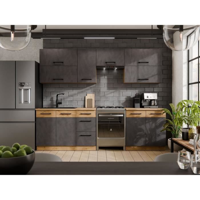 Cuisine complete ROCK 7 éléments - Décor chene lancelot et gris matera - L260 x P 52 x H82 cm - Plan de travail non inclus