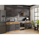 Cuisine complete ROCK 7 éléments - Décor chene lancelot et gris matera - L260 x P 52 x H82 cm - Plan de travail non inclus