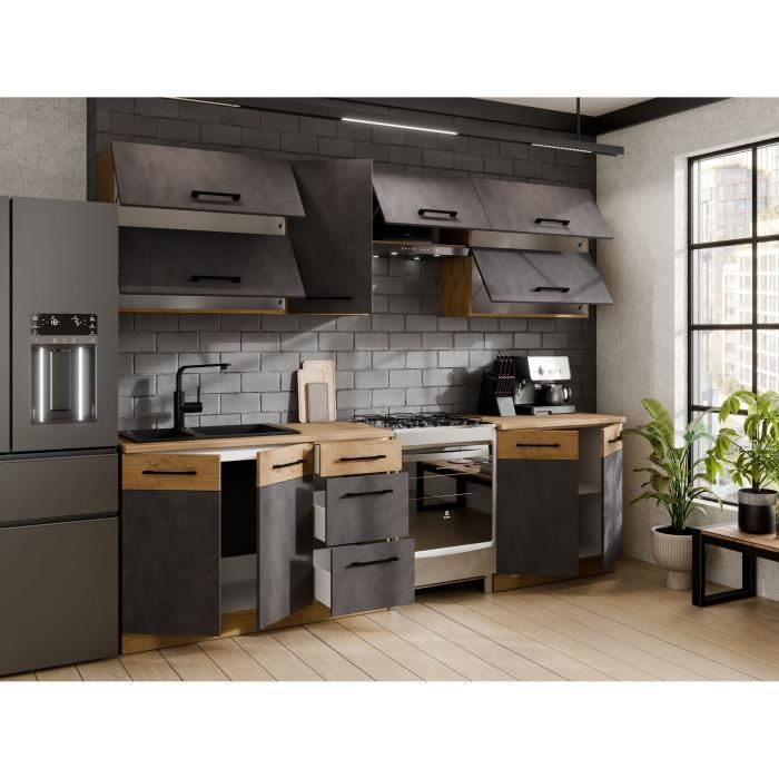 Cuisine complete ROCK 7 éléments - Décor chene lancelot et gris matera - L260 x P 52 x H82 cm - Plan de travail non inclus
