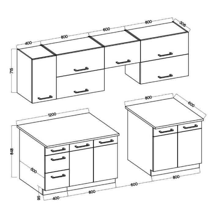 Cuisine complete ROCK 7 ÈlÈments - DÈcor chene lancelot et gris matera - L260 x P 52 x H82 cm - Plan de travail non inclus