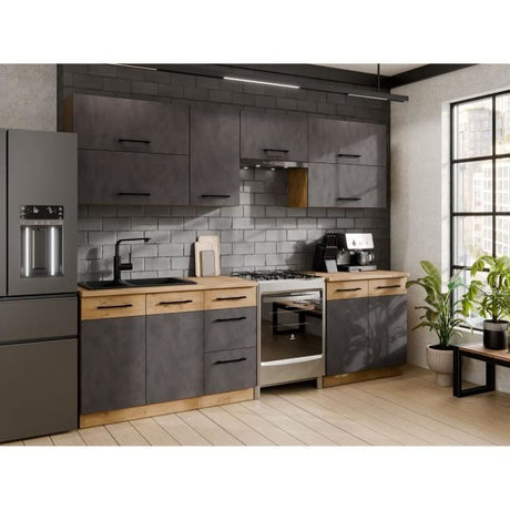 Cuisine complete ROCK 7 éléments - Décor chene lancelot et gris matera - L260 x P 52 x H82 cm - Plan de travail non inclus